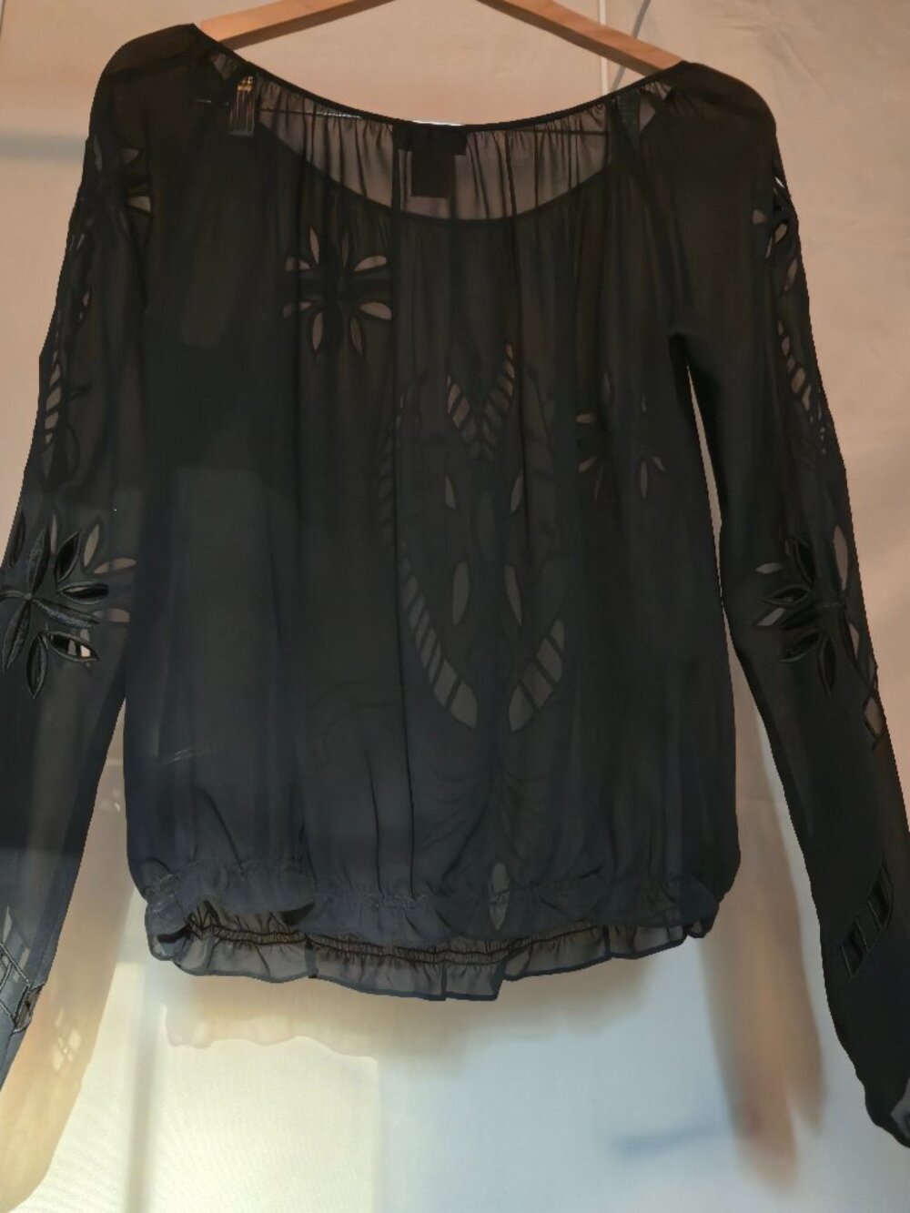 The Limited 100% Silk Black Embroidered Blouse Sheer with Cutouts size L Boho - Picture 2 of 16